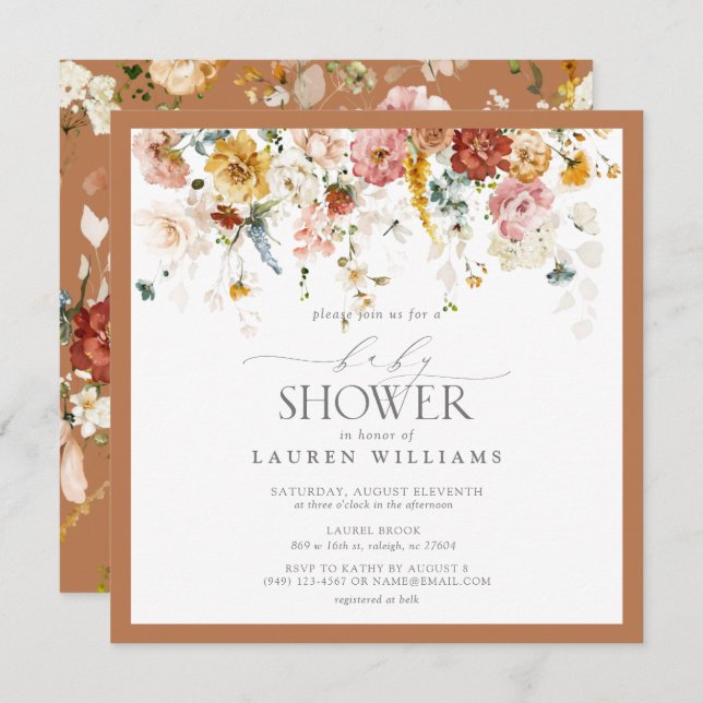 Burnt Orange Floral Drop Script Baby Shower Invitation (Front/Back)