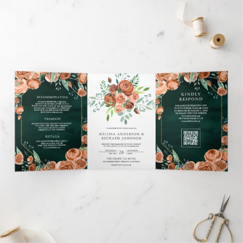 Burnt Orange Floral Emerald Green QR Code Wedding Tri-Fold Invitation