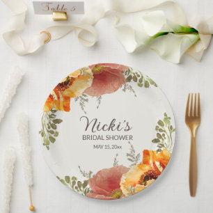 Burnt Orange Floral Fall Autumn Bridal Shower  Paper Plates