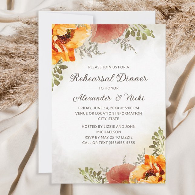 Burnt Orange Floral Fall Autumn Rehearsal Dinner Invitation (Creator Uploaded)
