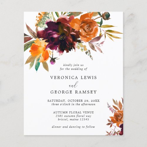 Burnt Orange Floral Fall Budget Wedding Invitation Flyer