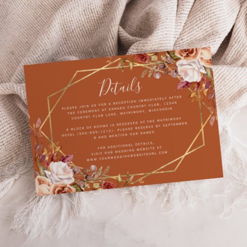 Burnt Orange Floral Fall Wedding Details Enclosure Card