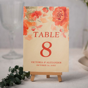 Burnt Orange Floral Fall Wedding Table Number