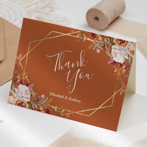 Burnt Orange Floral Fall Wedding Thank You Card