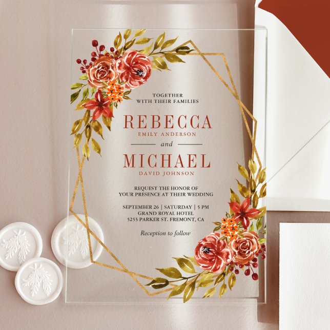 Burnt Orange Floral Gold Frame Autumn Fall Wedding Acrylic Invitations (Creator Uploaded)