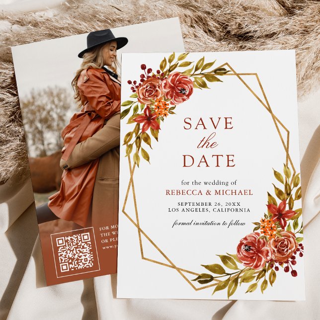 Burnt Orange Floral Gold Frame Fall Wedding Photo Save The Date (Creator Uploaded)