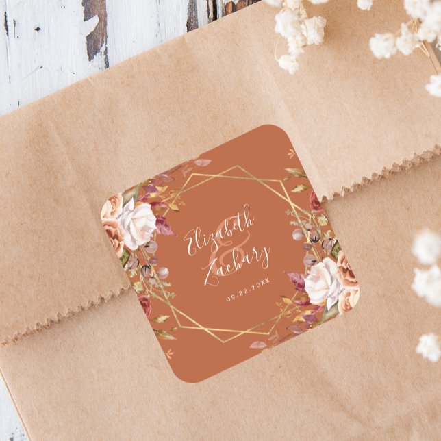 Burnt Orange Floral Gold Geometric Fall Wedding Square Sticker (Creator Uploaded)