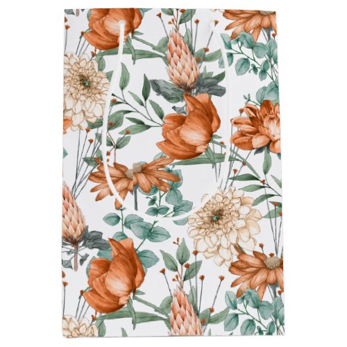 Burnt Orange Floral Green Botanical Pattern Medium Gift Bag