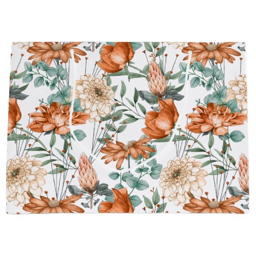 Burnt Orange Floral Green Botanicals Pattern Large Gift Bag