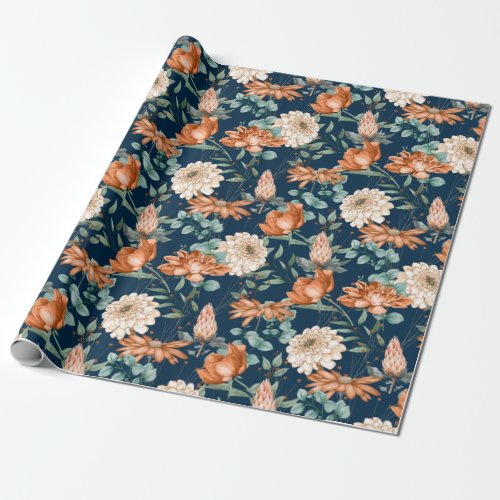 Burnt Orange Floral Greenery Pattern Wrapping Paper