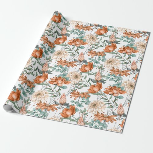 Burnt Orange Floral Greenery Pattern Wrapping Paper