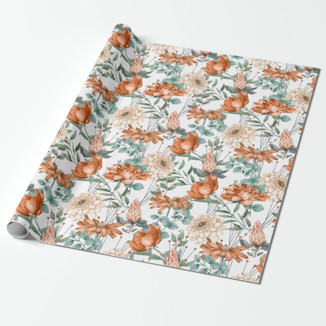 Burnt Orange Floral Greenery Pattern Wrapping Paper (Unrolled)