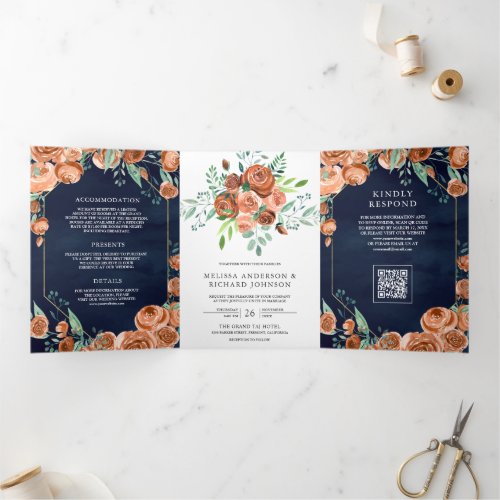 Burnt Orange Floral Navy Blue QR Code Wedding Tri-Fold Invitation