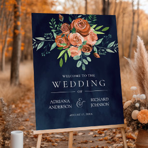 Burnt Orange Floral Navy Blue Wedding Welcome Sign