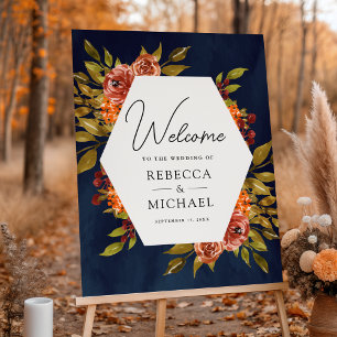 Burnt Orange Floral Navy Blue Wedding Welcome Sign