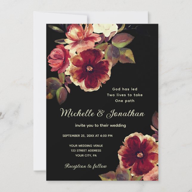 Burnt Orange Floral on Black Christian Wedding Invitation (Front)