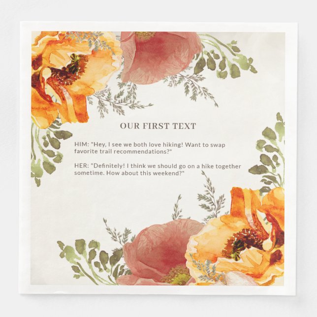 Burnt Orange Floral Our First Text Wedding  Paper Dinner Napkins (Front)