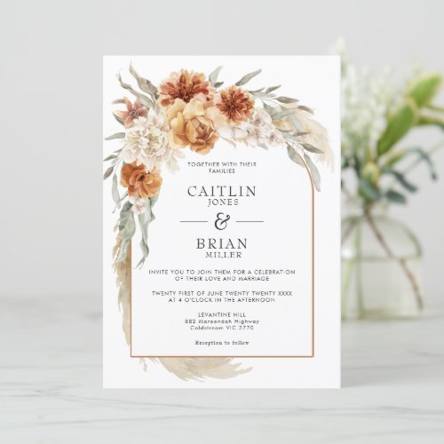 Burnt Orange Floral Pampas Arch Boho Wedding Invitation