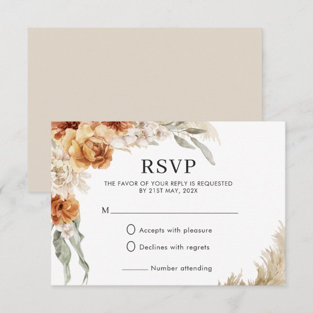Burnt Orange Floral Pampas Boho Wedding  RSVP Card (Front/Back)