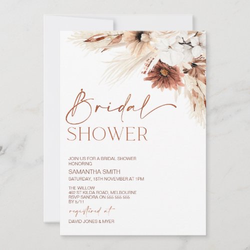 Burnt Orange Floral Pampas Grass Bridal Shower Invitation