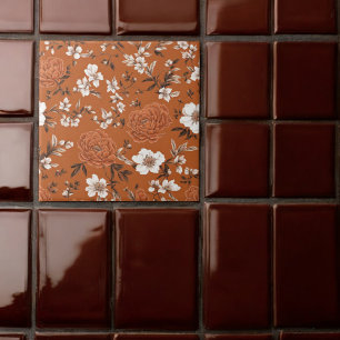 Burnt Orange Floral Pattern Ceramic Tile