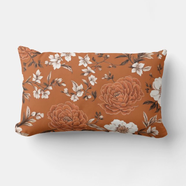 Burnt Orange Floral Pattern Lumbar Pillow (Front)