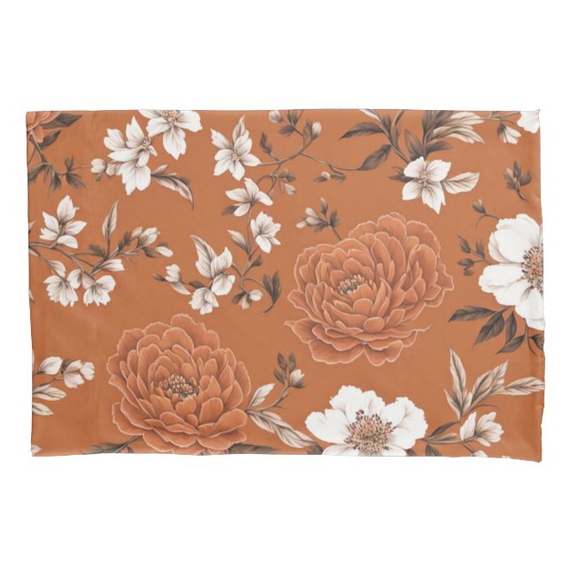 Burnt Orange Floral Pattern Pillow Case (Front)