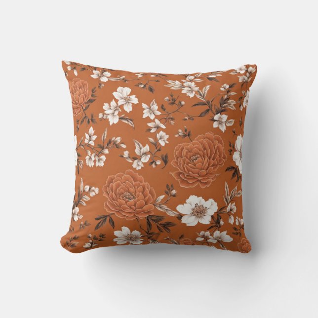 Burnt Orange Floral Pattern Throw Pillow (Front)