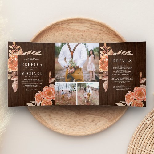 Burnt Orange Floral Photo Collage Wood Wedding Tri_Fold Invitation