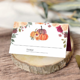 Burnt Orange Floral Pumpkin Burgundy Wedding Place Card