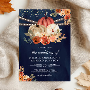 Burnt Orange Floral Pumpkin Navy Blue Wedding Invitation