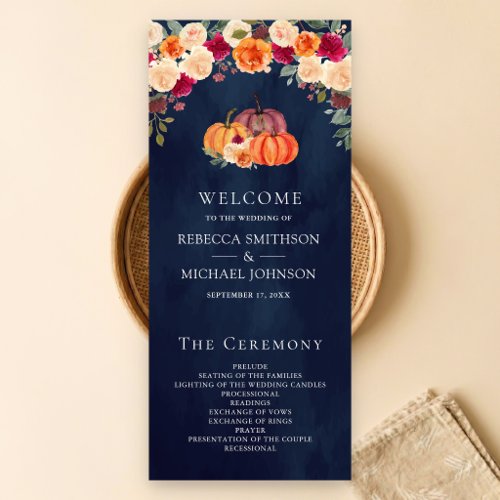 Burnt Orange Floral Pumpkin Navy Wedding Program