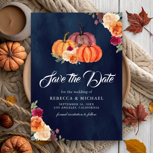 Burnt Orange Floral Pumpkin Navy Wedding Save The Date (Creator Uploaded)