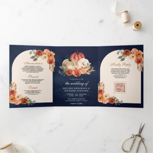 Burnt Orange Floral Pumpkin QR Code Navy Wedding Tri-Fold Invitation