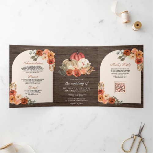 Burnt Orange Floral Pumpkin QR Code Wood Wedding Tri-Fold Invitation