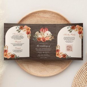 Burnt Orange Floral Pumpkin QR Code Wood Wedding Tri-Fold Invitation