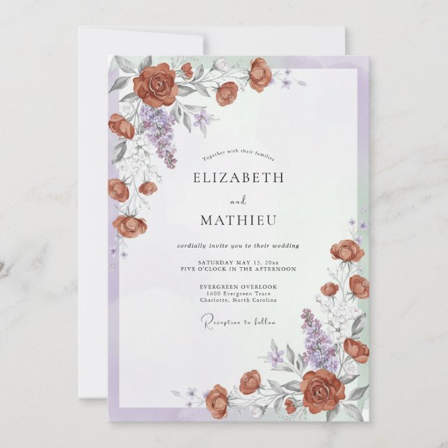 Burnt Orange Floral Romantic Wedding Invitation (Front)
