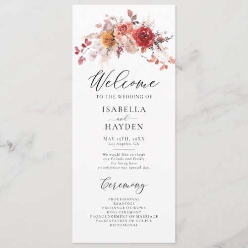 Burnt Orange Floral Rustic Fall Autumn Wedding Program