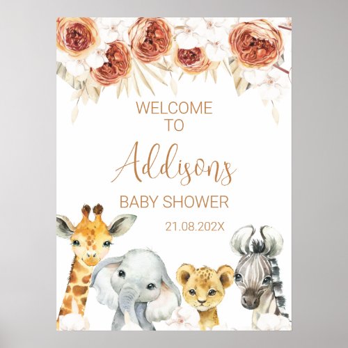 Burnt Orange Floral Safari Baby Shower Welcome Poster