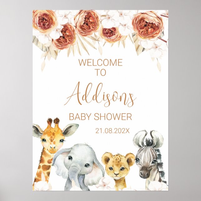 Burnt Orange Floral Safari Baby Shower Welcome Poster (Front)