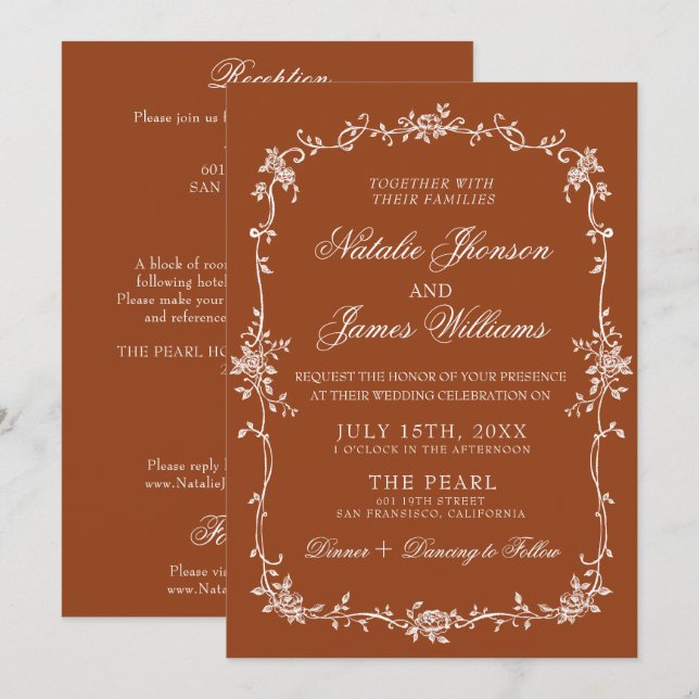 Burnt Orange Floral Terracotta All In One Wedding Invitation (Front/Back)