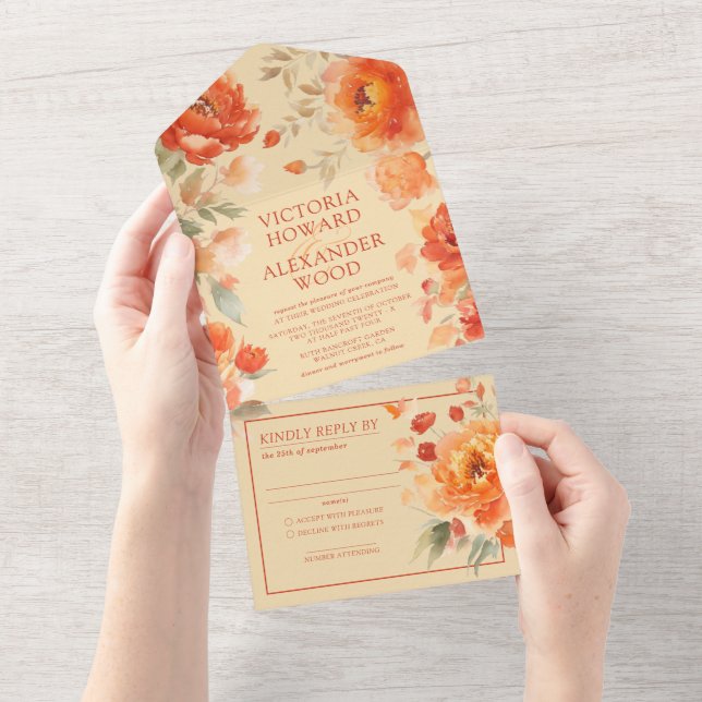 Burnt Orange Floral Wedding All In One Invitation (Tearaway)