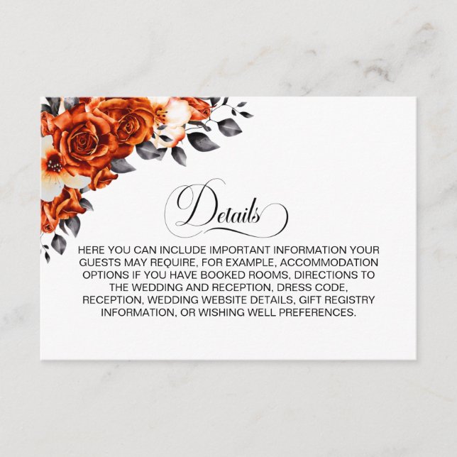 Burnt Orange Floral Wedding Details Enclosure Card (Front)