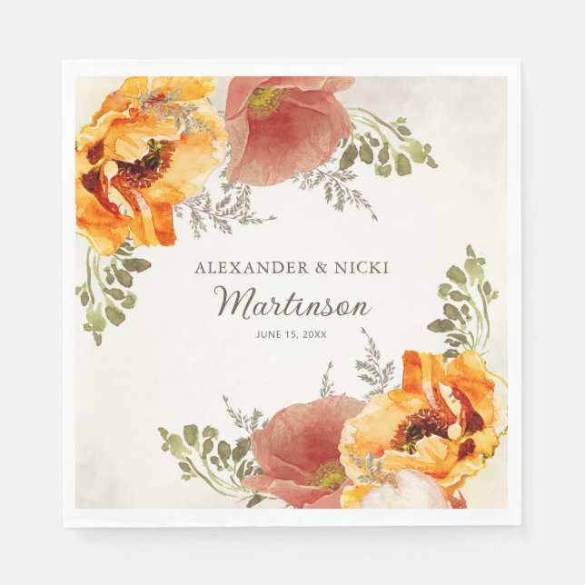 Burnt Orange Floral Wedding Reception Bride Groom Napkins (Front)
