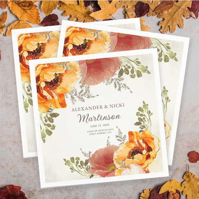 Burnt Orange Floral Wedding Reception Bride Groom Napkins (Creator Uploaded)
