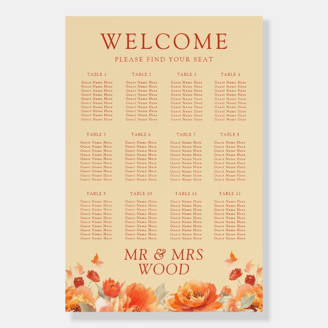 Burnt Orange Floral Wedding Seating Chart  Foam Board (Front)