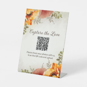 Burnt Orange Floral Wedding Share Photos QR Code Pedestal Sign