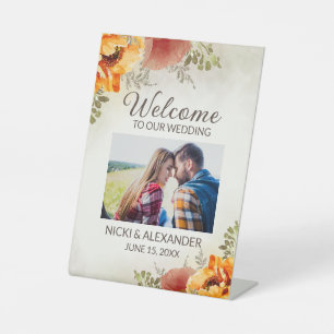 Burnt Orange Floral Wedding Welcome Photo Pedestal Sign