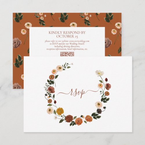 Burnt Orange Floral Wreath QR Code RSVP Card