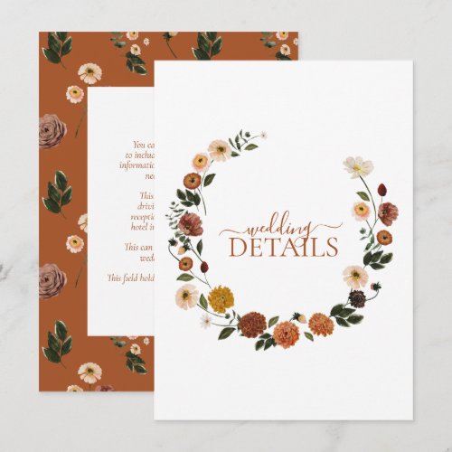 Burnt Orange Floral Wreath Wedding Details Enclosure Card